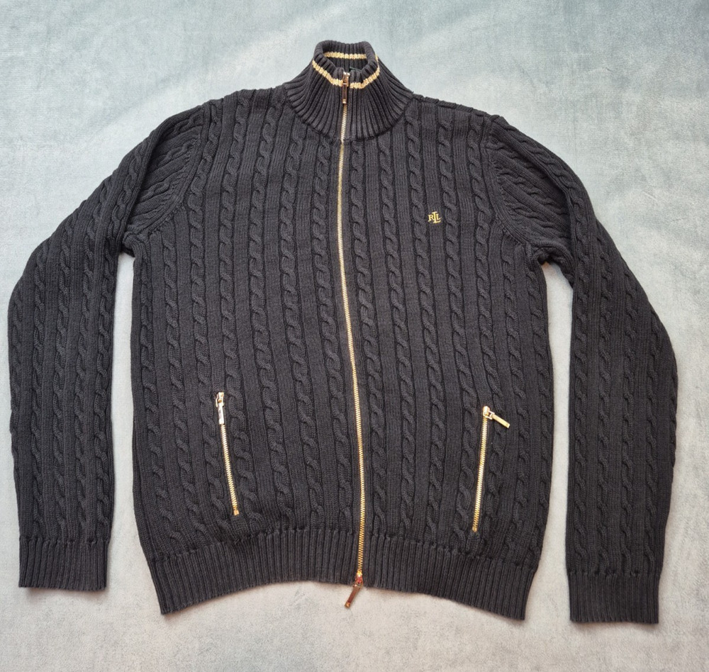 Lauren Ralph Lauren Sweater Womens XL Black Cable Knit Full Zip Cardigan Jacket